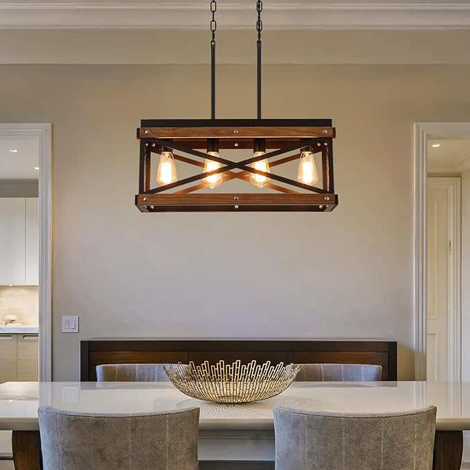 Rustic Farmhouse Plug in Kitchen Island Lighting, 4 Lights Rectangular Pendant Light Fixture with Adjustable Chain, Dimmable Switch, Oak Wood and Metal Linear Chandelier for Dining Room Home, Black