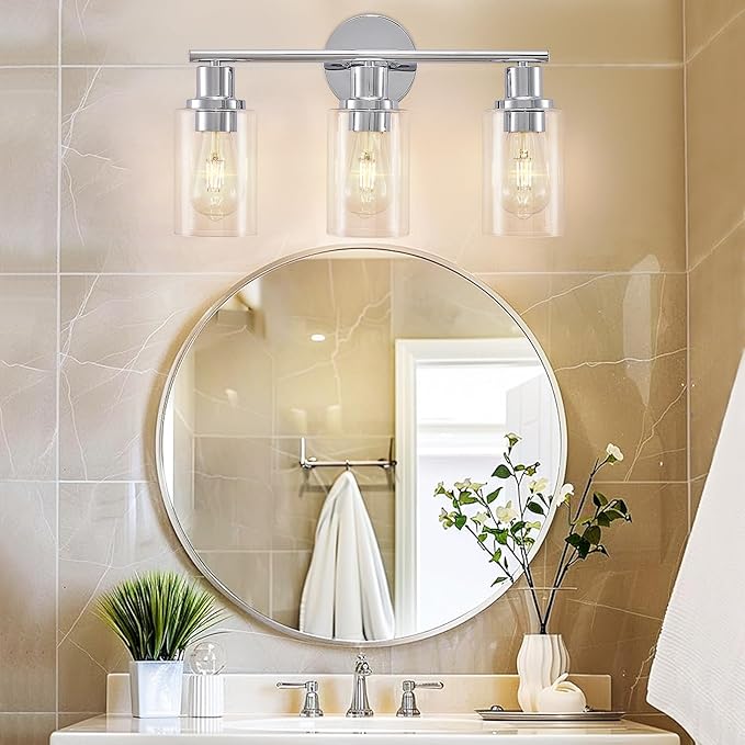 DLLT 3-Light Bathroom Light Fixtures: Chrome Modern Vanity Lights with Clear Glass Shade - Bathroom Wall Lamp for Mirror Kitchen Living Room - 2 Packs