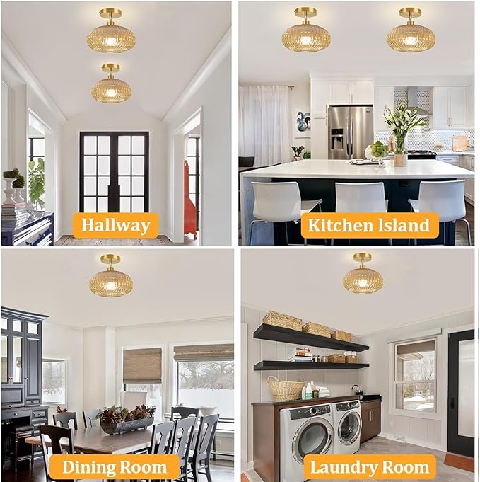 Semi Flush Mount Ceiling Light Fixture,Sloped Ceiling Light Fixture,Small Hallway Light Fixtures,Amber Glass Ceiling Fixture,Kitchen Ceiling Light Fixture,Vintage Ceiling Lighting for Porch Entryway