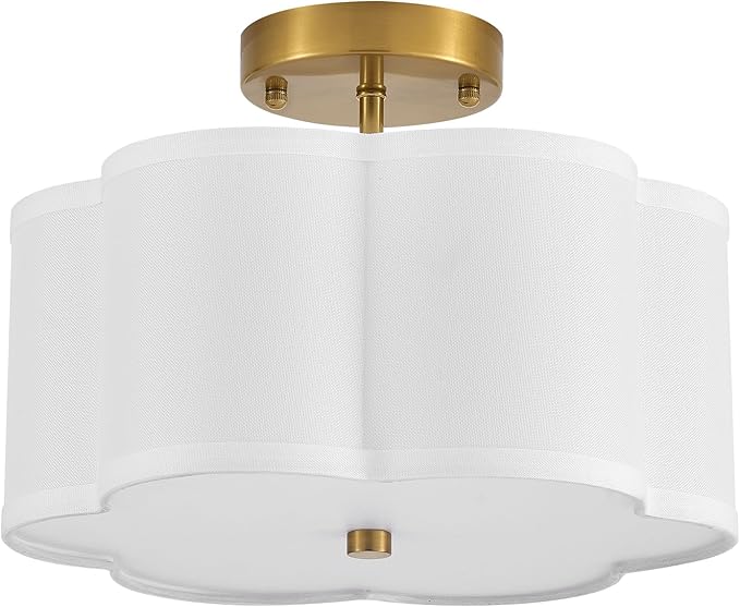 Modern Semi Flush Mount Ceiling Light Modern Gold 3-Lights Drum Ceiling Lighting Fixture Vintage Linen Golden Ceiling Lamp for Laundry Room, Kitchen, Basement, Dining Room, Bedroom