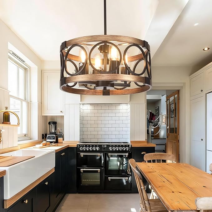 4-Light Semi Flush Mount Ceiling Light Fixture,17.71" Black Light Fixtures Ceiling Mount Kitchen Lighting Fixture Rustic Drum Chandelier Ceiling Haning Pendant Light Fixture