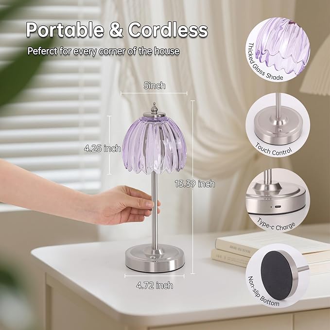 Shenmoyl Tulip Table Lamp with 5200mAh Battery & Touch Control, Cordless Small Table Lamp with 3 Colors, Dimmable Rechargeable Table Lamps for Living Room, Bedroom, Desk, Bedside (Clear Purple Tulip)