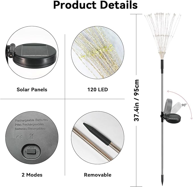 Garden Outdoor Lights, 2 Pack 120 LED Solar Garden Lights Fairy Solar Lights Outdoor Waterproof Decorative Solar Firework Lights for Yard Patio Pathway Flowerbed Party Wedding Decor, Warm White