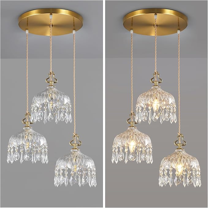 3-Light Pendant Light Fixtures Brass Vintage Glass Pendant Lights Crystal Hanging Light Fixtures,Adjustable Height Pendant Lighting for Dining Room Living Room Bedroom Hallway(Round Chassis)