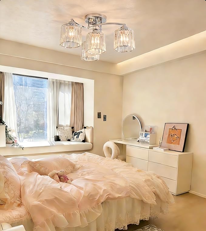 Crystal Chandelier, Modern Elegant Ceiling Light E26 Base Easy Installation Durable Metal Frame for Living Room Bedroom Dining Room, Silver