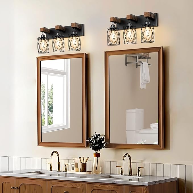 IZORRO Farmhouse Bathroom Vanity Light, 3-Light Wood Bathroom Light Fixtures Over Mirror, Black Industrial Vanity Lights with Metal Shade, Rustic Restroom Lighting Fixtures