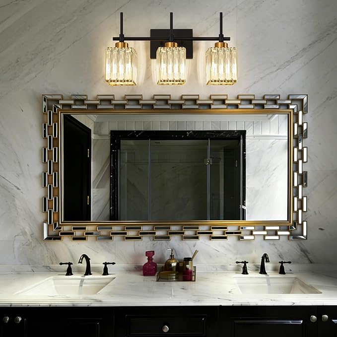 Torondo Modern Crystal 3-Light Vanity Lights for Bathroom Gold Bathroom Lights Over Mirror Black and Gold Vanity Lighting Fixtures Square Shade Brass Wall Sconce (Bulbs Not Include)