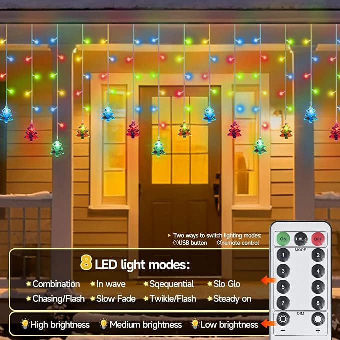 Curtain String Light Christmas Decoration Icicle Lights 8 Modes dimmable,108 LEDs 4M Christmas and Halloween String Lights for Home,Office,Party,bar,Holiday,Party (Multicolor)