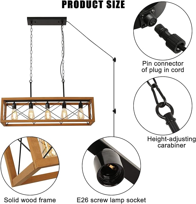 Rustic Kitchen Light Fixtures, Farmhouse Chandelier with Detachable Plug in Cord for Dining Room, Pool Table, Wood Linear Rectangular Pendant Light Fixtures Ceiling Hanging Black