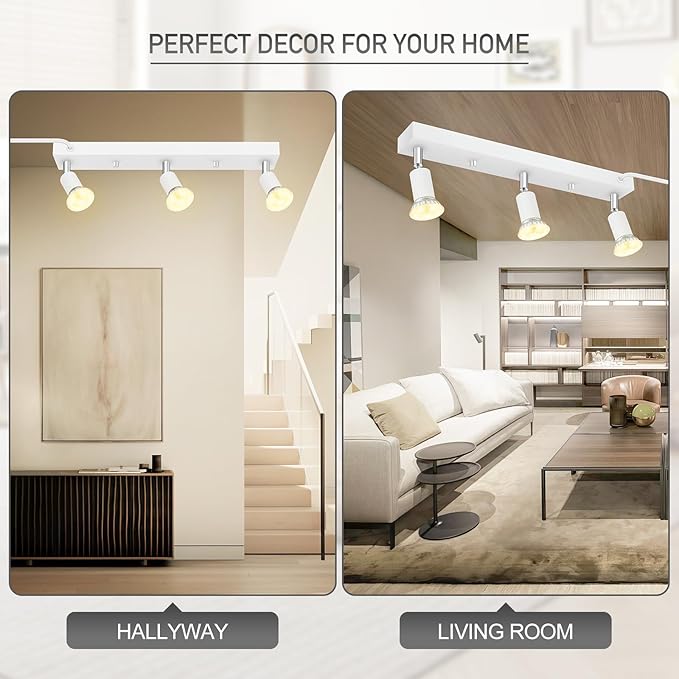 Plug-in Track Lighting, LED Track Lighting Fixtures Ceiling Kit, 16" White Plug in Wall Light with 14.8ft Cord, 3-Light Ceiling Spotlight,Rotatable Kitchen Light Head for Bedroom Hallway(GU10,NO Bulb)