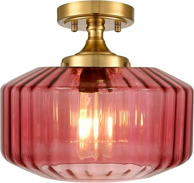 Gold Mid Century Modern Flush Mount Ceiling Light, 2-Pack Purple Ribbed Glass Close to Ceiling Lighting Fixture, Vintage Farmhouse Flush Mount Lamp for Bedroom Hallway Kitchen Laundry Room