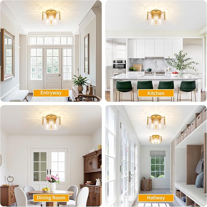 Modern 3-Light Semi Flush Mount Ceiling Light, Gold with Water Ripple Glass Shade, Farmhouse Close to Ceiling Light Fixture for Hallway, Bedroom, Kitchen, Living Room, Entryway