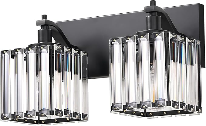 EDISHINE Bathroom Vanity Light Fixtures, 2 Light Crystal Bathroom Lighting Fixtures Over Mirror, Modern Wall Sconce for Powder Room, Bedroom, E26 Base, Black