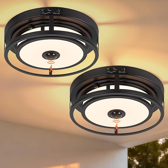LED Motion Sensor Outdoor Ceiling Light, Flush Mount Ceiling Light Black Porch Lights, 3CCT 3000-5000K, Dusk to Dawn Motion Sensor Outdoor Lights, Anti-Bug, for Porch Entryway Garage, 2 Pack