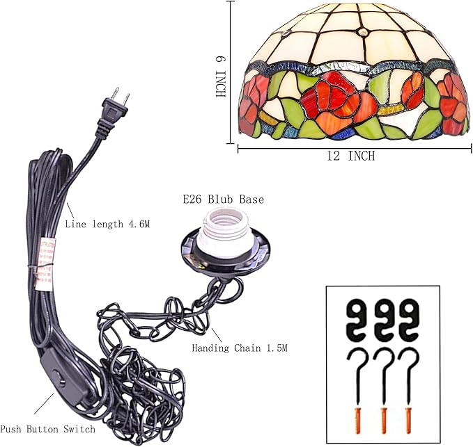 Tiffany Pendant Light Plug in Stained Glass Hanging Lamp Wide 12 Inch, Chain 33 Inch, Cord 15 Feet -Rose Flower Style