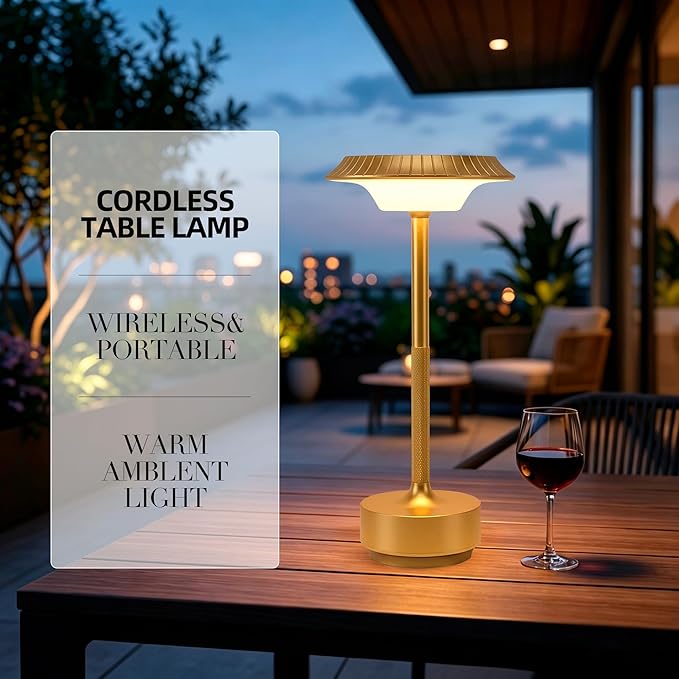 Goodoo Rechargeable Cordless Table Lamps, Portable 1800mAh Battery Table Light, 3 Color Stepless Dimming LED Table Light, for Outdoor/Dinner/Patio/Restaurant.(Gold)