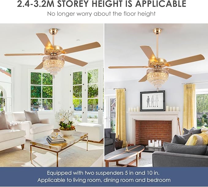 Asyko Crystal Ceiling Fan Fandelier with Lights - 62" Modern Outdoor Fans with Remote Control,Noiseless DC Motor, Retro/Farmhouse Lighting, Dining Room,Living Room (Gold