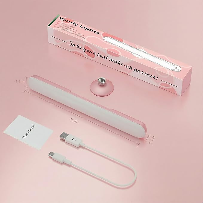 Benreom Wireless Vanity Lights for Mirror, Rechargeable Battery Operated Stick on Lamp, Adjustable Makeup Light, Cordless Magnetic LED Bar Renter Friendly Lighting Decor Gift, Pink