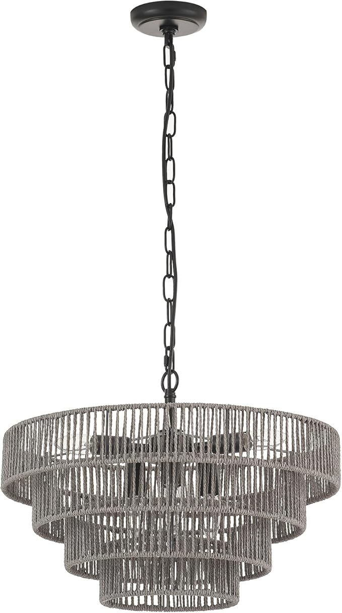 20” Hand-Woven Rattan Chandelier 6-Lights Transitional Minimalist 4 Round Boho Large Coastal Pendant Light for Kitchen Island Dining Room Living Room Hallway, Gray, UL Listed