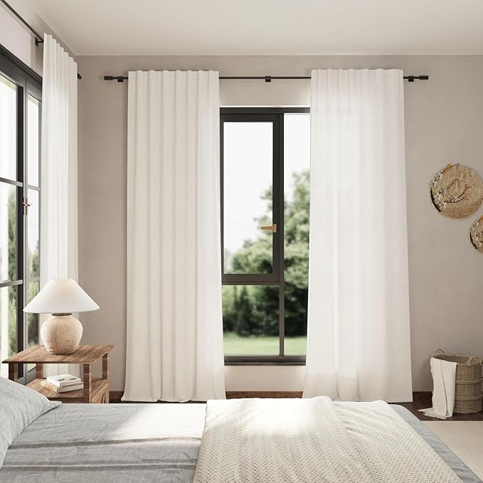 Nanspring Beige White Linen Curtains 90 Inches Long for Living Room Privacy Semi Sheer Light Filtering Curtains Back Tab and Rod Pocket Coastal Decor Curtain for Bedroom 40 X 90, 2 Panels