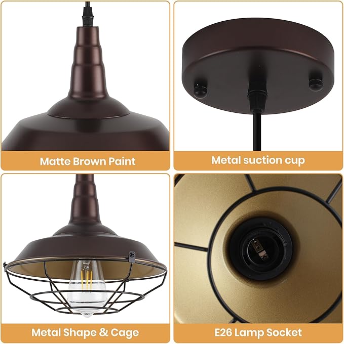 Brown Farmhouse Pendant Light 2 Pack, Vintage Industrial Cage Pendant Light Fixtures, 10.2" Rustic Kitchen Pendant Lighting Over Island Dining Room Barn