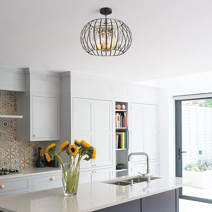 17.7" Modern Crystal Chandelier Black and Gold Drum Pendant Lighting Fixture Round Rustic Metal Shade 4-Light for Dining Room Living Room Bedroom Hallway