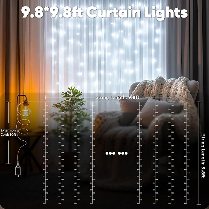 suddus Curtain Lights Outdoor, 300 Led 9.8ft x 9.8ft Hanging String Lights for Bedroom, Window, Wall, Wedding, Party, White