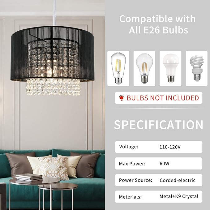 TISLYCO Plug in Chandelier, Crystal Chandelier Lighting with Long Cord 15ft and On/Off Switch, Hanging Pendant Light Plug in, Hanging Lamps That Plug into Wall Outlet for Bedroom Living Room