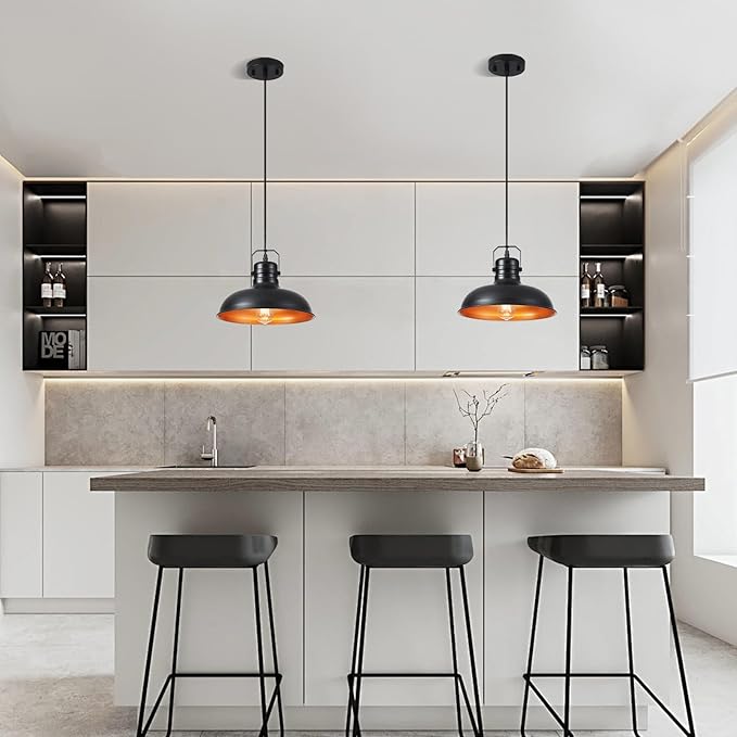 Industrial Pendant Light, 10.5 Inch Farmhouse Small Black and Gold Chandelier, Vintage Hanging Light Fixture with 71'' Height Adjustable Cord for Kitchen Island, Dining Room, Bedroom - 3 Pack