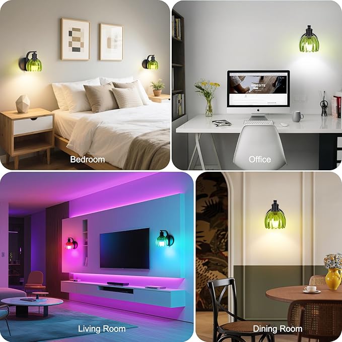 VerRon Rechargeable Battery Operated Wall Sconce Set of Two with Green Glass Lampshade, Wireless Wall Scone Decor with Remote Control, 15 Colors Black Wall Light for Bedside Hallway Bedroom Doorway