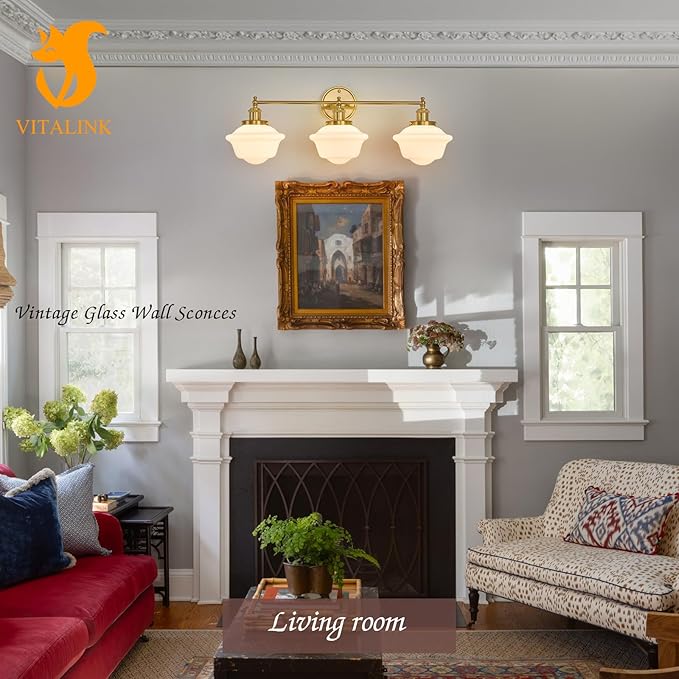 VitaLink 29.5" Bathroom Vanity Light, 3-Light Vintage Golden Bathroom Wall Light Fixtures Hardwired Milk White Glass Wall Sconces for Bedroom Living Room Hallways