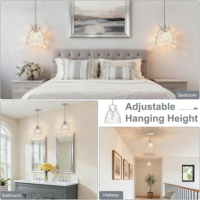 Brushed Nickel Pendant Lights Kitchen Island 2 Pack, 5.9“ Mini Hammered Glass Pendant Light Fixtures, Adjustable Modern Hanging Lights Kitchen Pendant Lighting over Island Sink Bathroom Dining Room