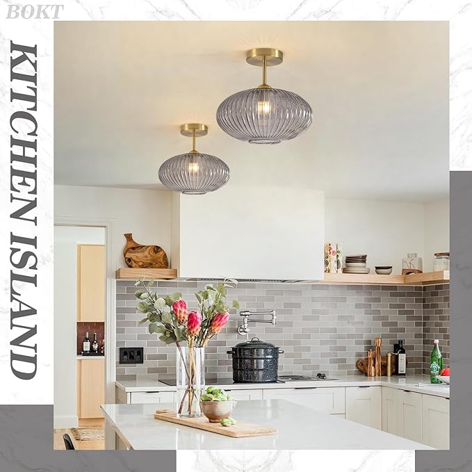 BOKT Mid Century Modern Semi Flush Mount Ceiling Light Brass Light Fixtures Ceilings Ribbed Smoke Glass Close to Ceiling Lamp 2-Pack Minimalist Hallway Light Gold Entryway Flush Light