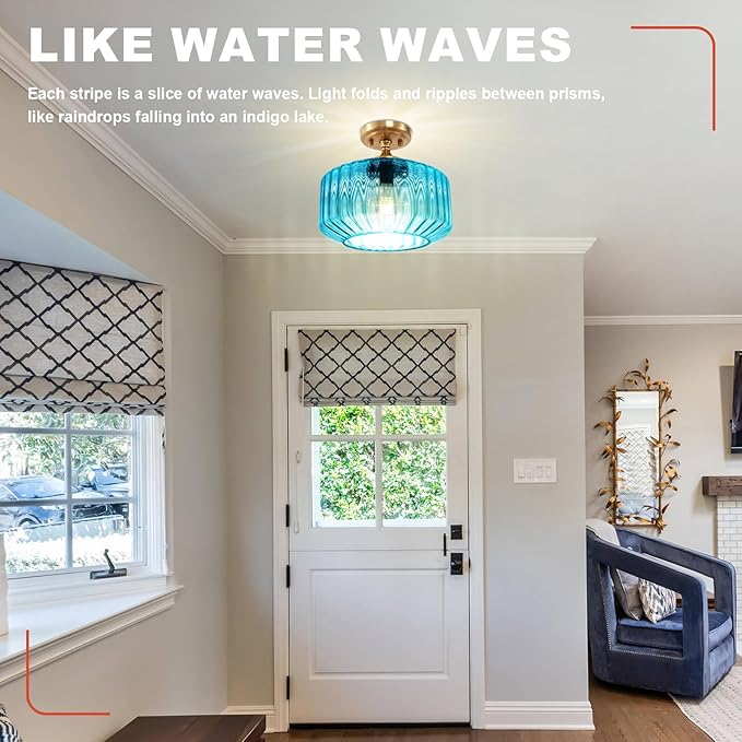 2 Pack Blue Glass Flush Mount Ceiling Light Fixture, 11.02" Gold Farmhouse Mid Century Modern Close to Ceiling Light for Entryway, Closet, Schoolhouse, E26 Base