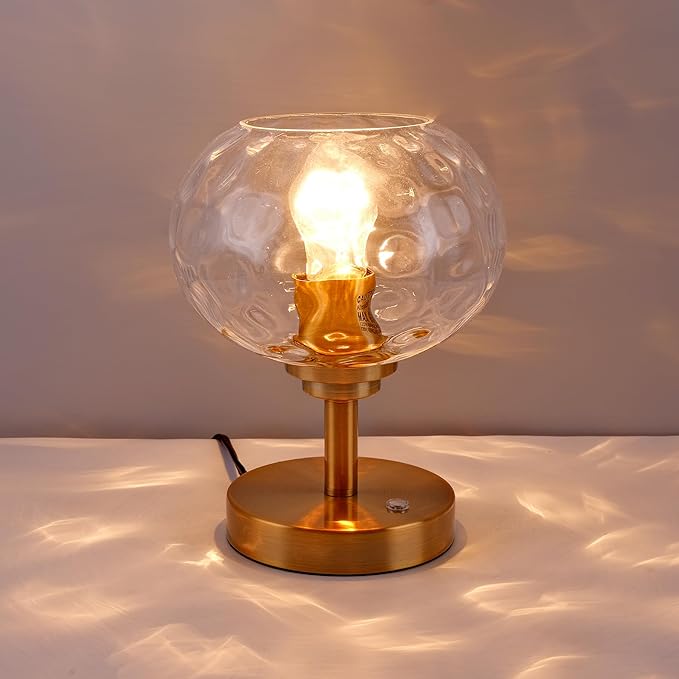 Touch Control Hammered Glass Table Lamp Brass Gold Portable Dimmable Brightness Small Nightstand Light 3-Way Stepless Dimming Bedside Bedroom Living Room (Clear Glass & Gold)