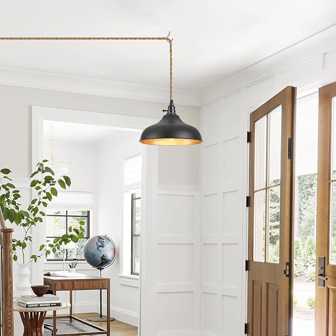 Plug in Pendant Lights Dome Hanging Lamp with Dimmable Switch 15 Ft Long Hemp Rope Farmhouse Pndant Light Cord Lighting Fixture DIY Hanging Light