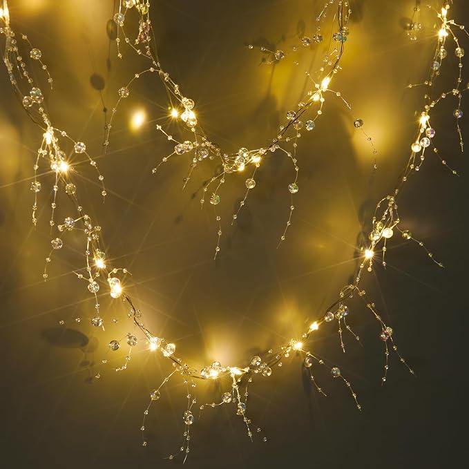 Iridescent Bead String with Fairy Lights Battery Operated, 3-8mm Artificial Crystal Beads Chain Short LED String Lights Mixed, DIY Crafts Wedding Party Garland Centerpiece(3.28ft/Set, 2 Set)