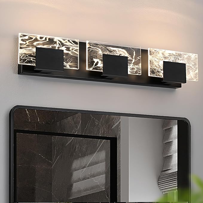 LED Bathroom Vanity Light: 24in Matte Black Acrylic Modern Lighting Fixtures - 3-Light Contemporary Smoke Design Wall Lights Fixture Over Mirror 3000K