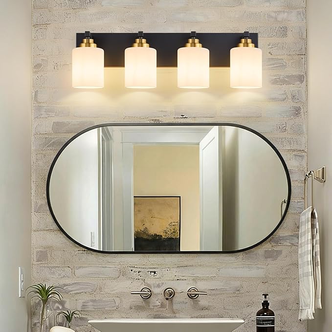 Bathroom Vanity Light Fixture, 4-Light Black and Gold Bathroom Light Fixtures Over Mirror with Milky White Glass Shades, Modern Vanity Lights for Bathroom Living Room Hallway (Bulbs Not Included)