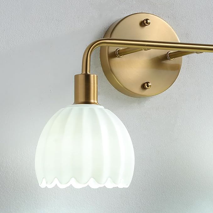1-Light Gold Brass Bathroom Light Fixture,Wall Sconces Set of 2,Brushed Gold Vanlity Light Over Mirror,Bathroom Vanity Light with White Glass Flower Shade,E26 Socket(Bulbs Not Included)