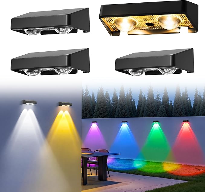 Solar Fence Lights Outdoor,50 LM 11 Modes & 9 Colors Solar Lights with Brighter LED Focus Lens Waterproof IP65 for Wall Backyard Deck Patio Porch Step Railings Pool Decor(4 Pack)