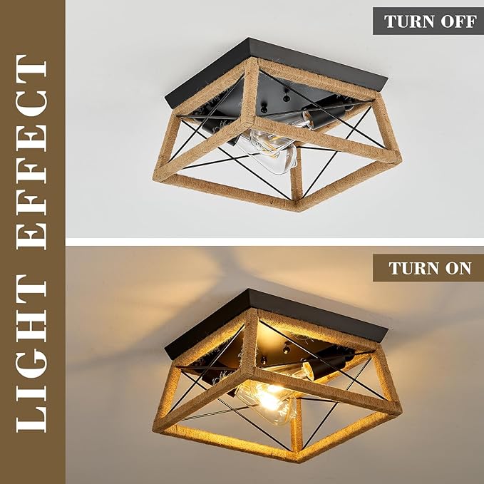 Boho Rattan Ceiling Light Fixture 2-Light Flush Mount Ceiling Light with Rattan Wood Shade Farmshouse Ceiling Lamp Fixture for Hallway Entryway Kitchen Sink Dining Room Bedroom