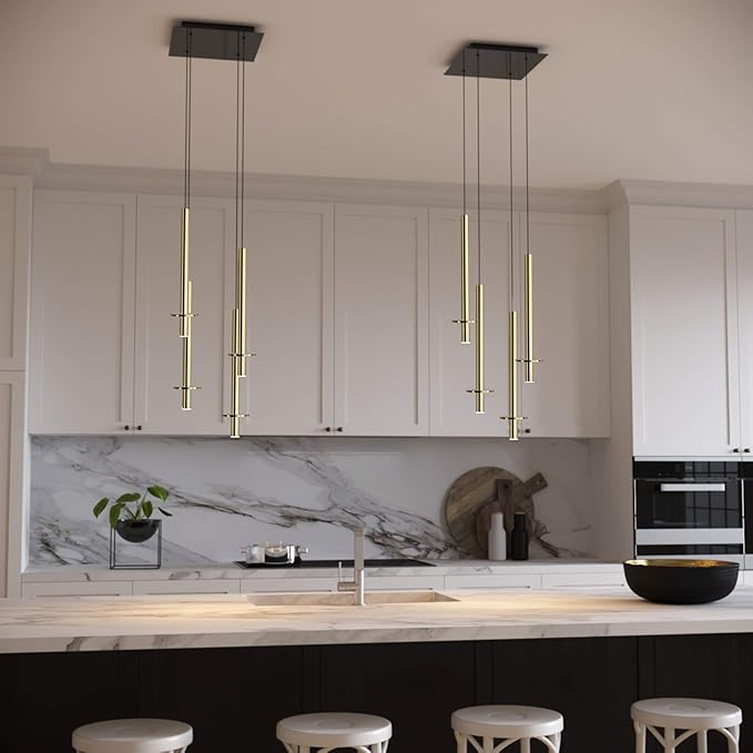 Draco 4 Pendant Lighting Brass – LED Hanging Light Fixture for Kitchen Island, Bar, Foyer – Equilateral Cluster of Mini Metal Rod Pipe Tube Cylinders – Dimmable, Adjustable Wire, Lamp Bulb Included