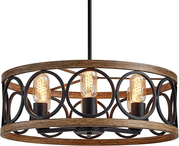 Modern Farmhouse Drum Chandelier Black and Retro Wood Finish 6-Lights Round Metal Antique Vintage Chandelier Light Fixtures for Kitchen Dining Room Living Room Bedroom