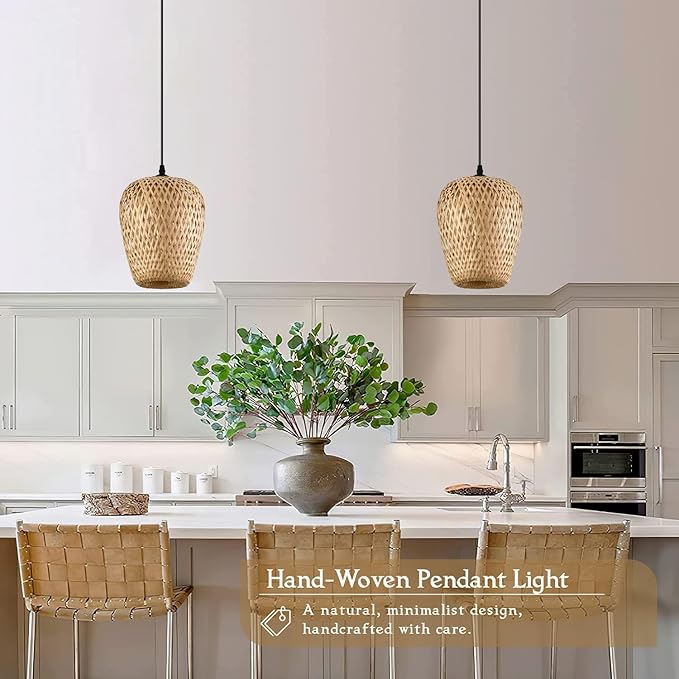 Wicker Pendant Lights Bamboo Pendants Light Boho Chandelier Rattan Pendant Wicker Light Fixture Woven Pendants Lights for Kitchen Island Living Room Dining Room (Bulb Incl.)