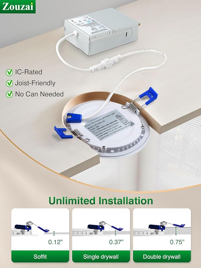 zouzai 12 Pack 6 Inch 6000K Ultra-Thin LED Recessed Light with Junction Box, 12W Dimmable,Ra>85 High Brightness - ETL and Energy Star Certified