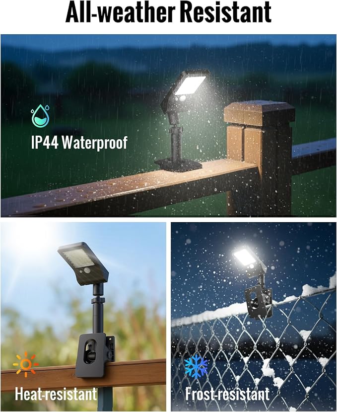Clip On Solar Lights Outdoor, 350LM Solar Motion Sensor Clamp Light with 1200mAh Battery, 3 Modes 360° Adjustable Waterproof Fence Lights for Porch, Mailbox, Camping, Emergency, Security