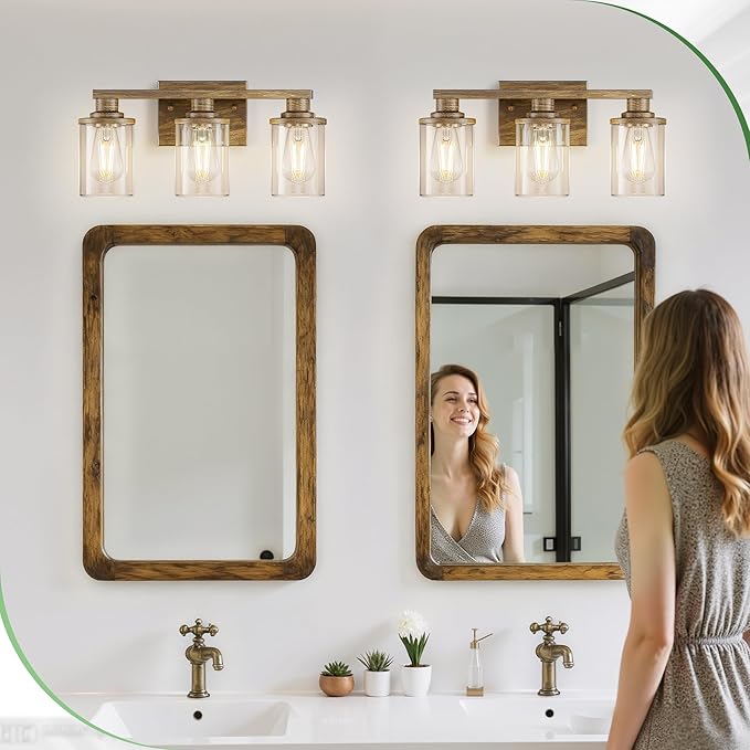 DORESshop 17 Inch Bathroom Light Fixtures, 3-Light Oak Bathroom Lighting Fixtures Over Mirror with Clear Glass Shade, Vanity Lights for Living Room Bedroom
