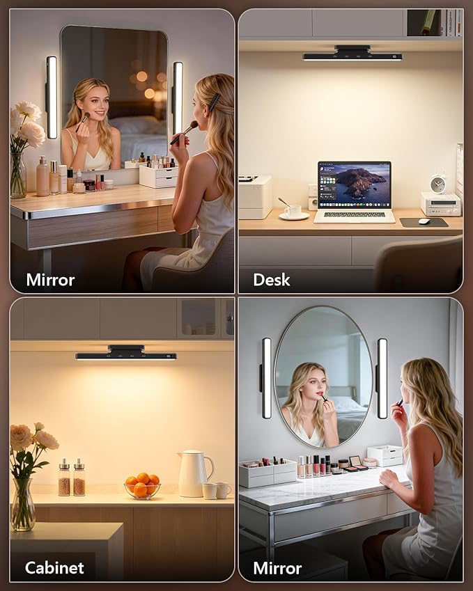 WILLED 3W Mirror Lights with Remote Control,Eye-Friendly Magnetic Light Bar with Battery Level Display,Adjustable Color Temperatures Vanity Lights for Mirror,Makeup Lighting for Bathroom(2 Pack)