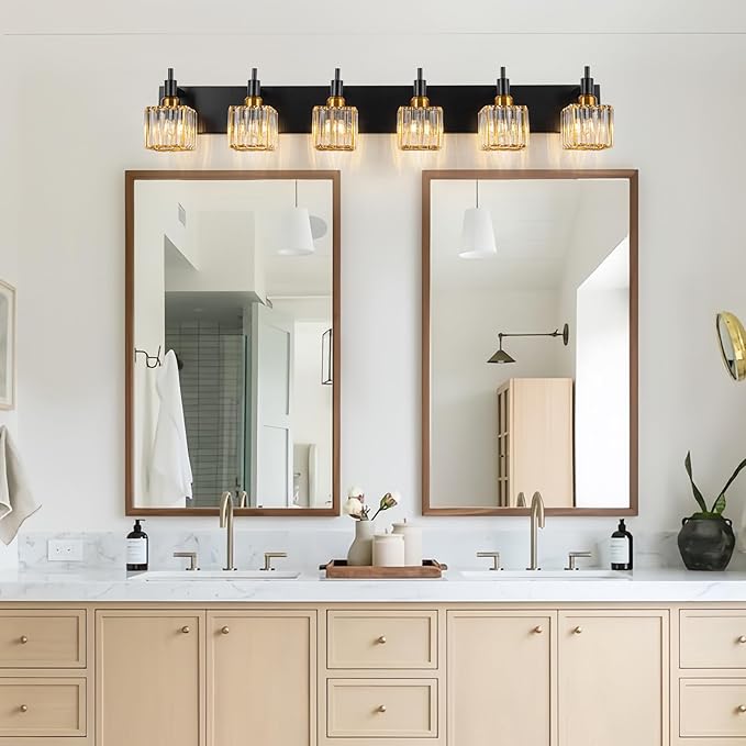 6-Lights Crystal Bathroom Vanity Light Black Gold Modern Bathroom Lighting Fixtures Over Mirror, Wall Light Fixtures
